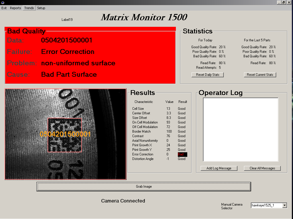 Matrix Monitor reporting for quality grading bar codes